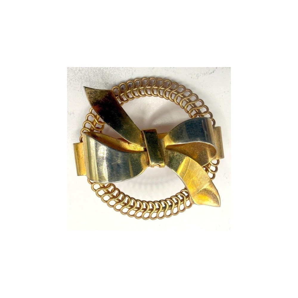 Vintage Gold Tone Bow Brooch Ribbon Circle Frame Pin 1.5 Inch